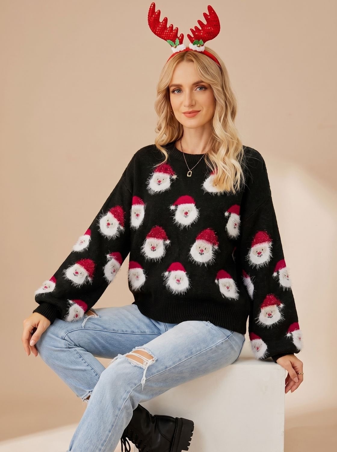 Dames Kersttrui met Pluizige Kerstmanprint en Ronde Hals 3