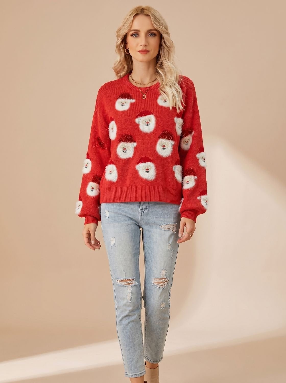 Dames Kersttrui met Pluizige Kerstmanprint en Ronde Hals 4
