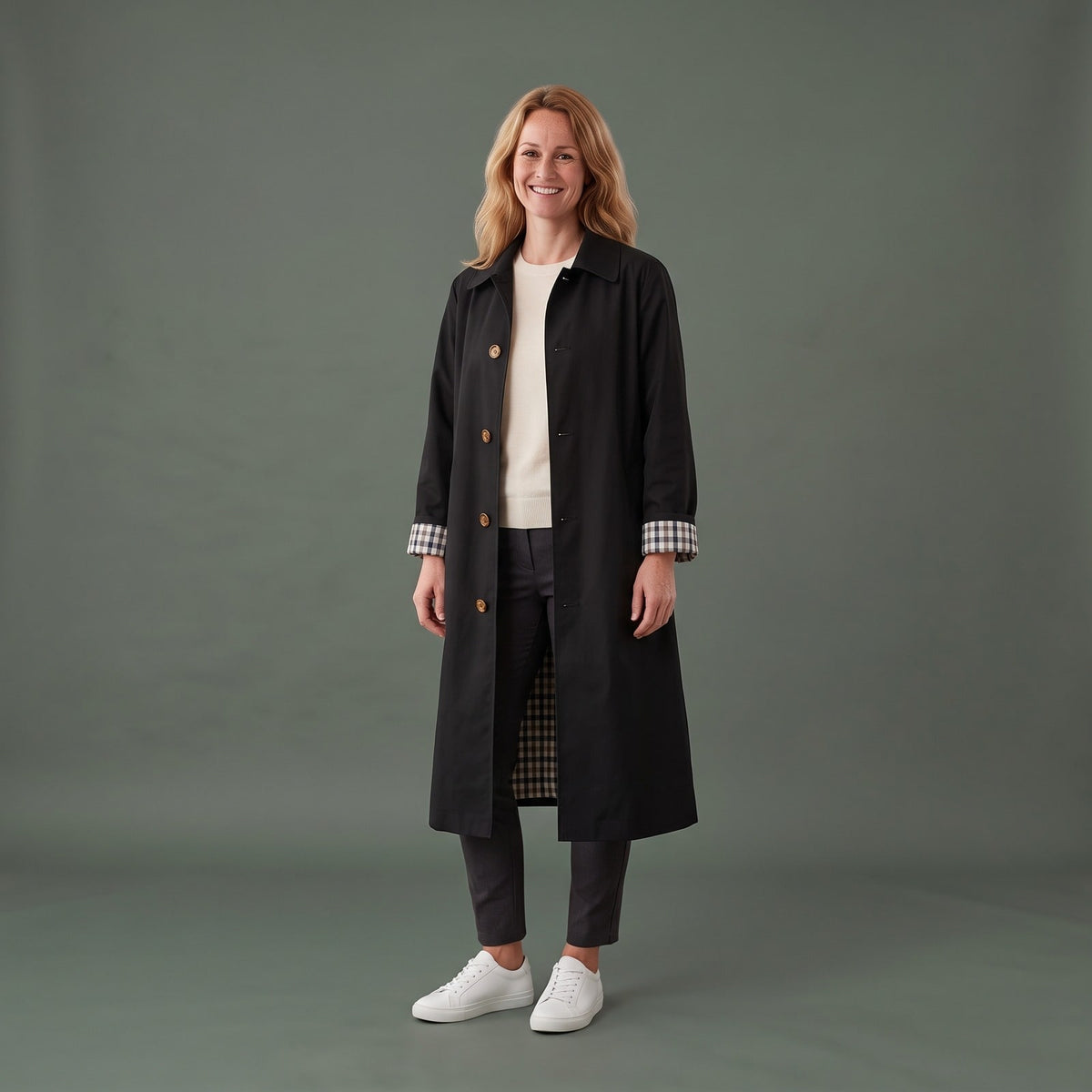 Dames Trenchcoat Lang met Losse Pasvorm en Geruite Voering 1