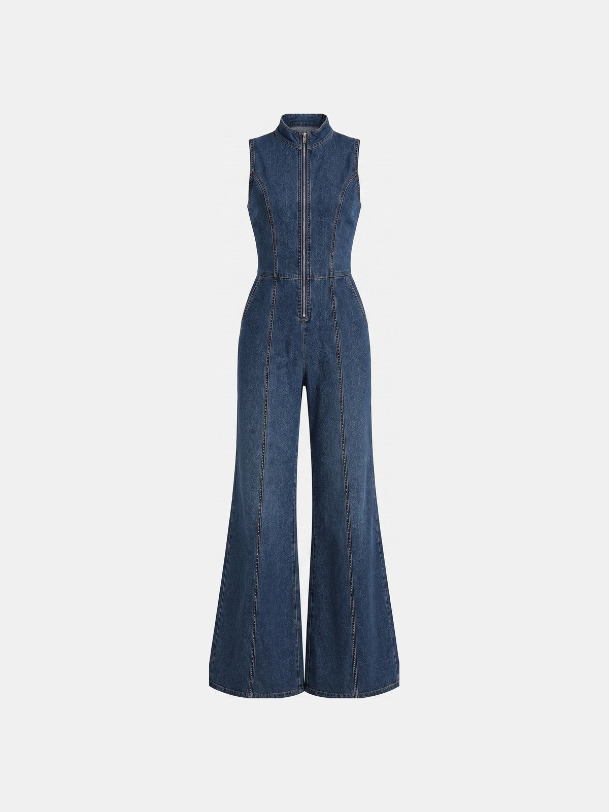 Denim Jumpsuit Dame med Lynlås, Høj Krave og Vide Ben 1