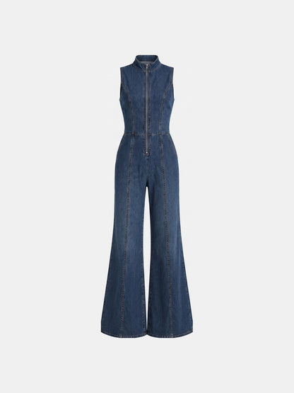 Denim Jumpsuit Dame med Lynlås, Høj Krave og Vide Ben 1