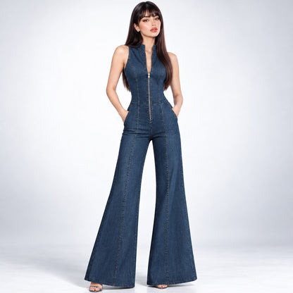 Denim Jumpsuit Dame med Lynlås, Høj Krave og Vide Ben 2