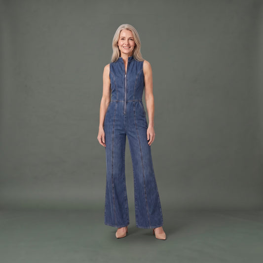 Denim Jumpsuit med Lynlås, Høj Krave og Udsvingede Ben