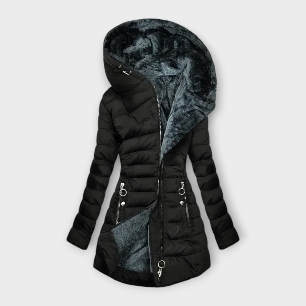 Dynefrakke Dame, Vatteret Vinterjakke med Hætte og Plysfór 2
