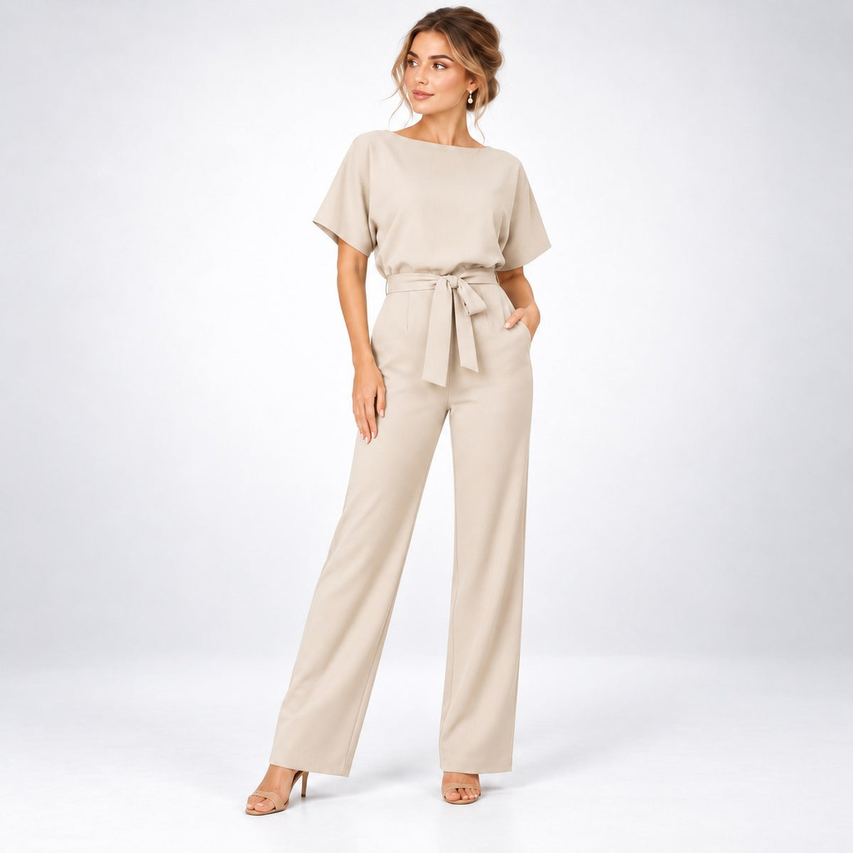 Jumpsuit Dame med Bindebælte, Korte Ærmer og Brede Ben 5