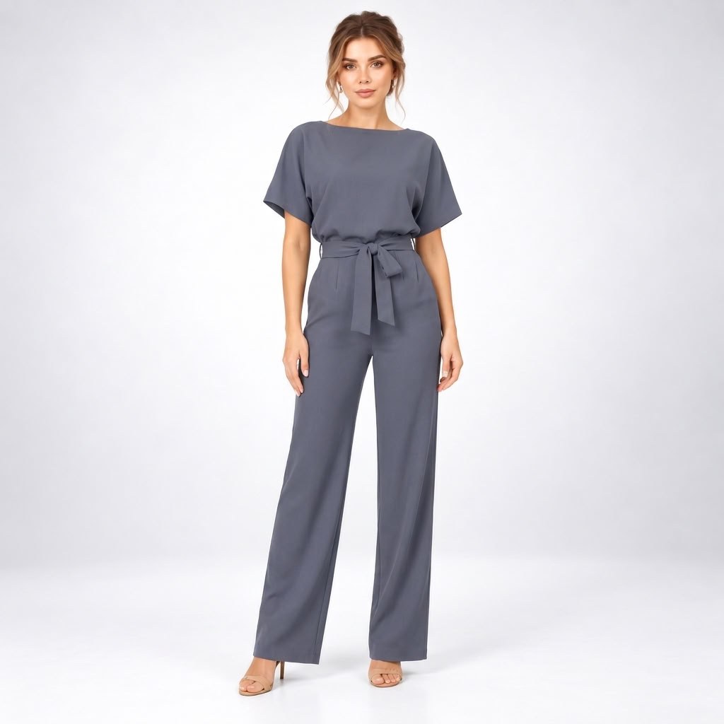 Jumpsuit Dame med Bindebælte, Korte Ærmer og Brede Ben 6