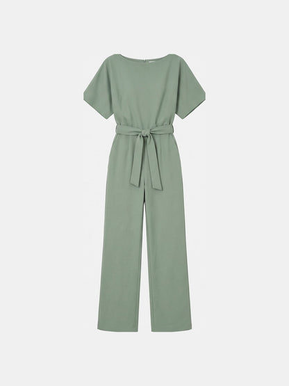 Jumpsuit Dame med Bindebælte, Korte Ærmer og Brede Ben 1
