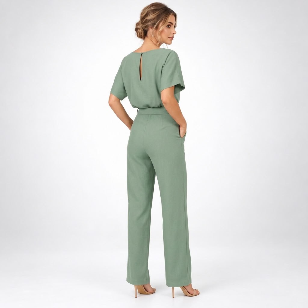 Jumpsuit Dame med Bindebælte, Korte Ærmer og Brede Ben 2