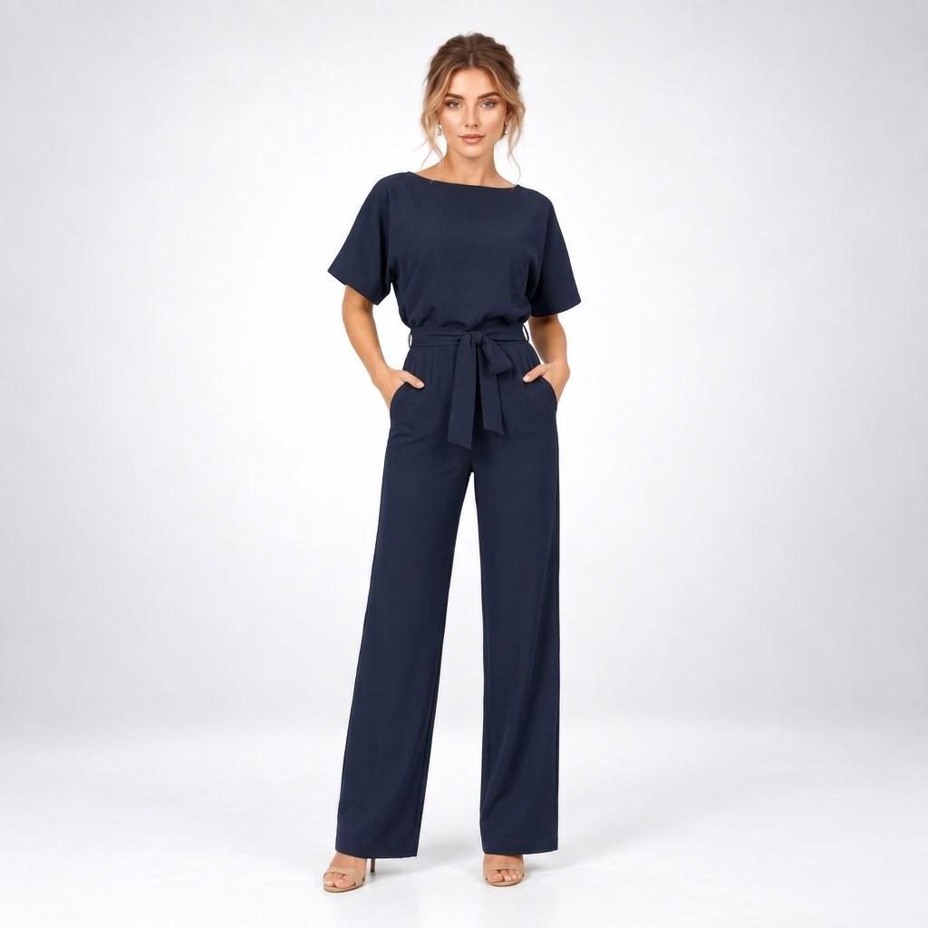 Jumpsuit Dame med Bindebælte, Korte Ærmer og Brede Ben 7