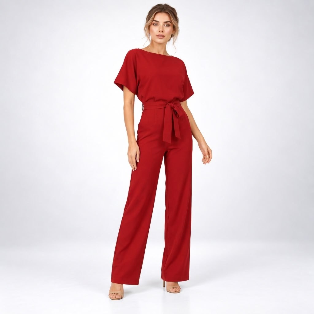 Jumpsuit Dame med Bindebælte, Korte Ærmer og Brede Ben 4