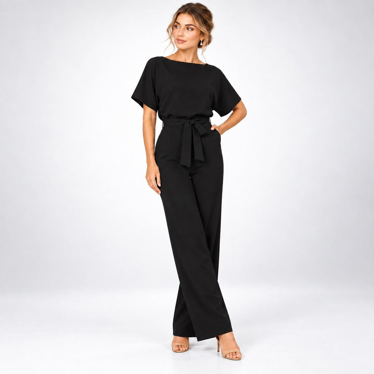 Jumpsuit Dame med Bindebælte, Korte Ærmer og Brede Ben 3