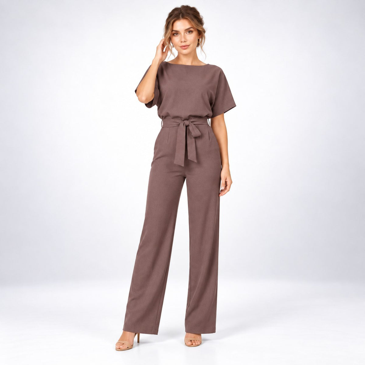 Jumpsuit Dame med Bindebælte, Korte Ærmer og Brede Ben 8