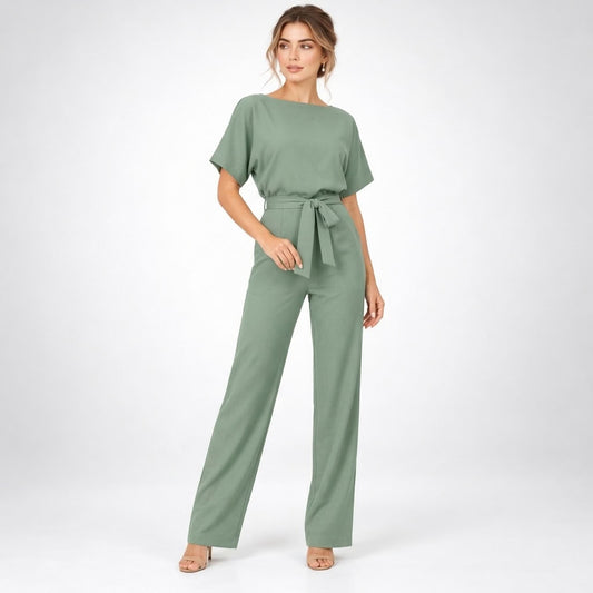 Elegante Jumpsuit met Korte Mouwen, Strikceintuur en Wijde Pijpen