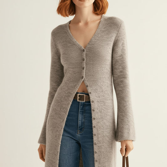 Elegante Lange Cardigan met V-hals, Knoopsluiting en Wijde Mouwen