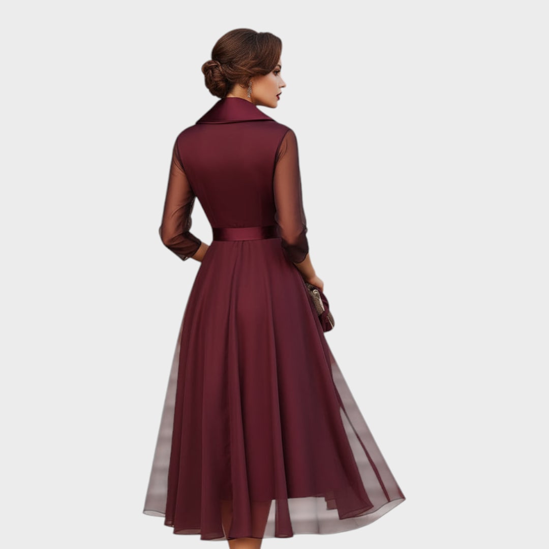 Elegante Bordeauxrode Cocktailjurk met Kraag en Tailleriem 4