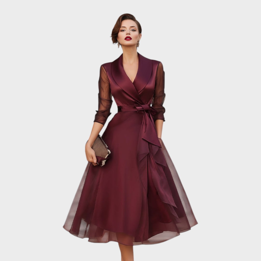 Elegante Bordeauxrode Cocktailjurk met Kraag en Tailleriem 5