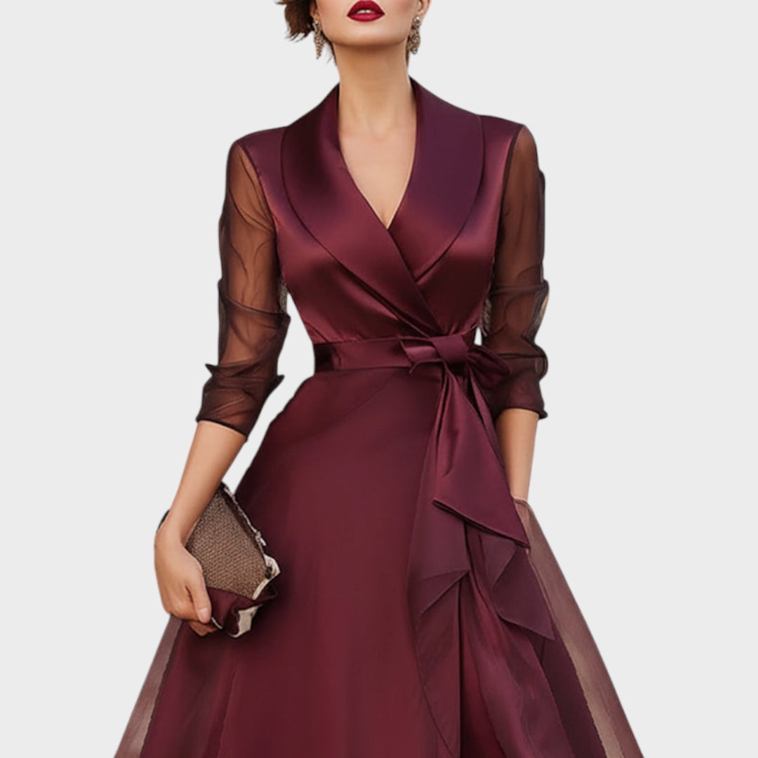 Elegante Bordeauxrode Cocktailjurk met Kraag en Tailleriem 6