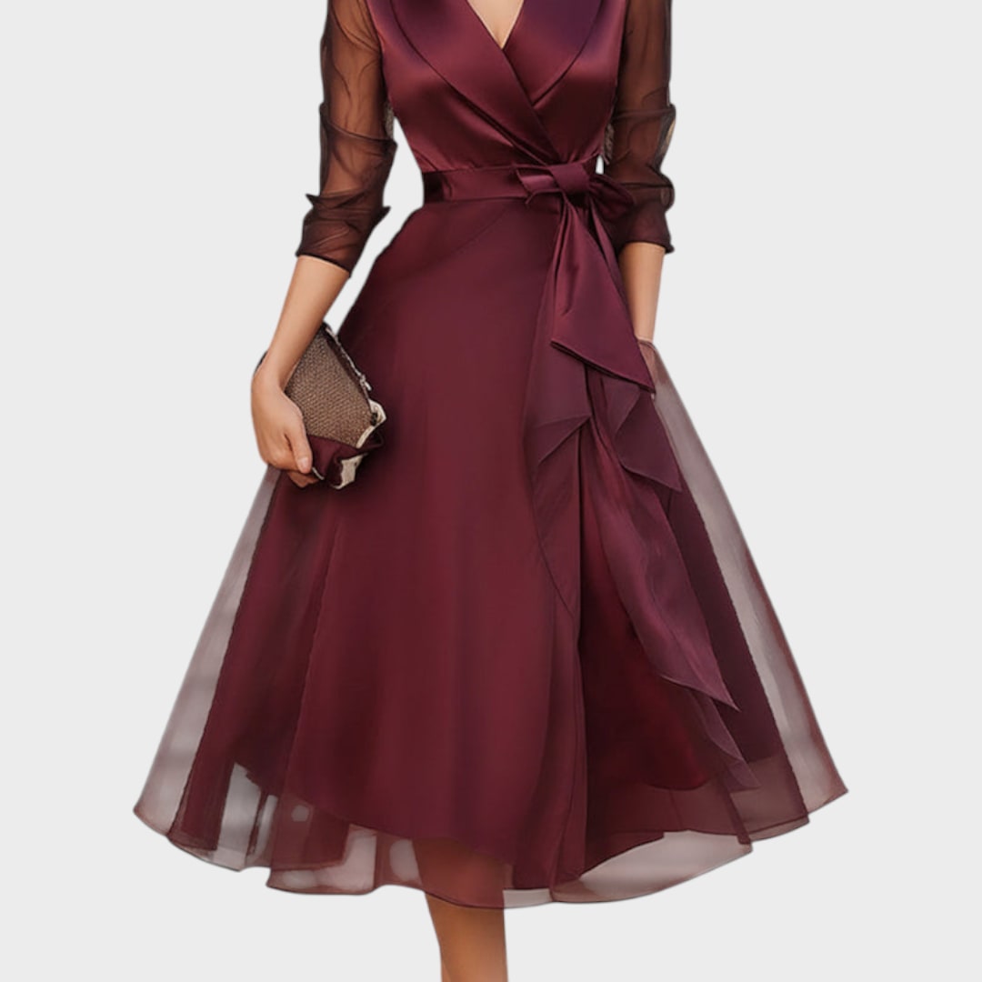 Elegante Bordeauxrode Cocktailjurk met Kraag en Tailleriem 7