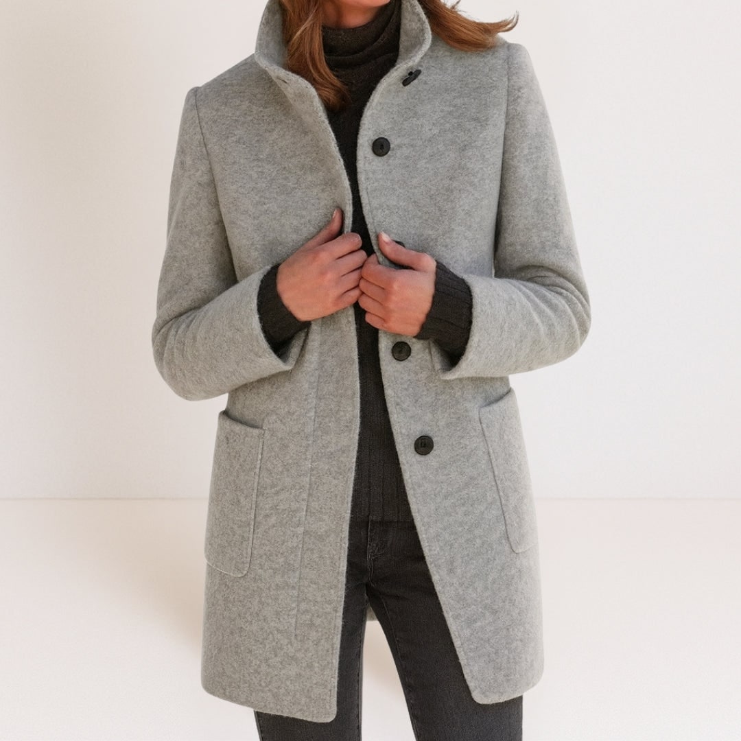Elegante Dames Mantel in Wollook, Opstaande Kraag en Rechte Snit 3