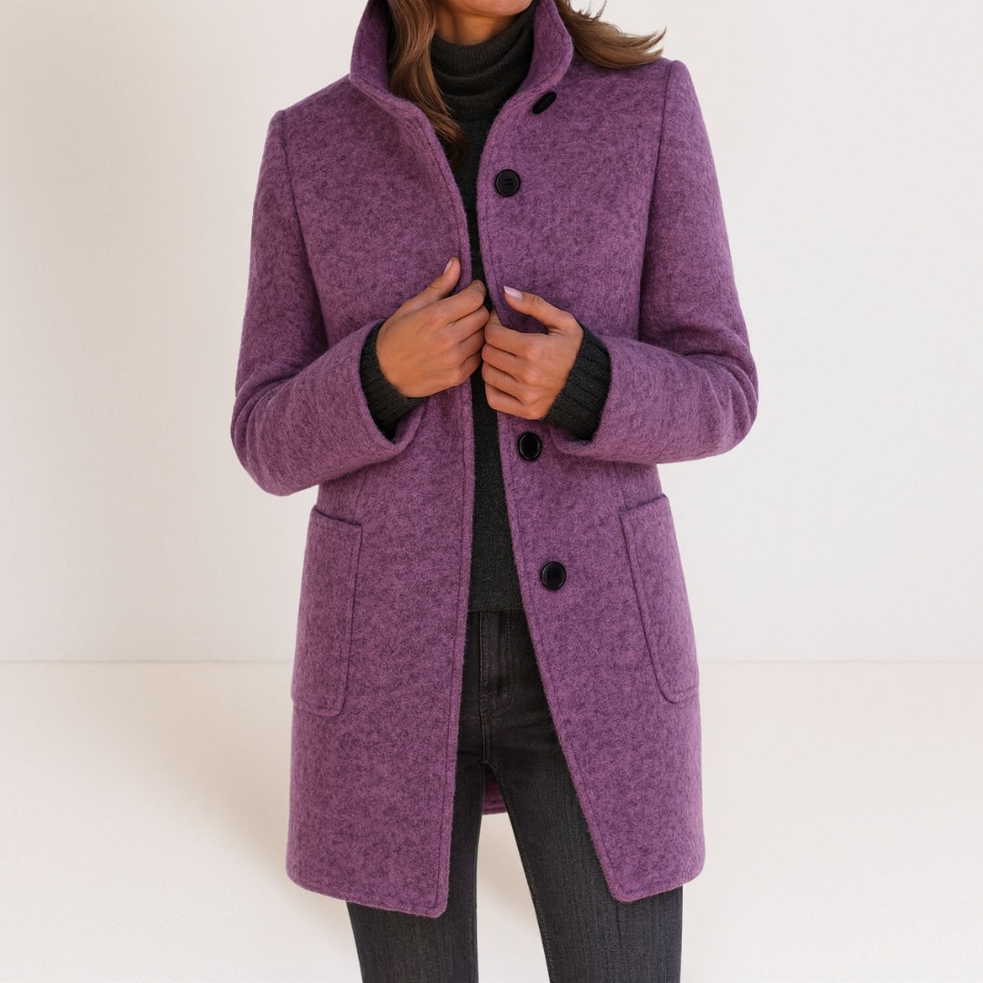 Elegante Dames Mantel in Wollook, Opstaande Kraag en Rechte Snit 6