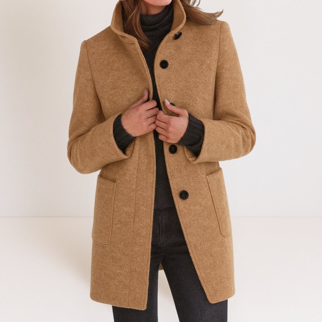 Elegante Dames Mantel in Wollook, Opstaande Kraag en Rechte Snit 8