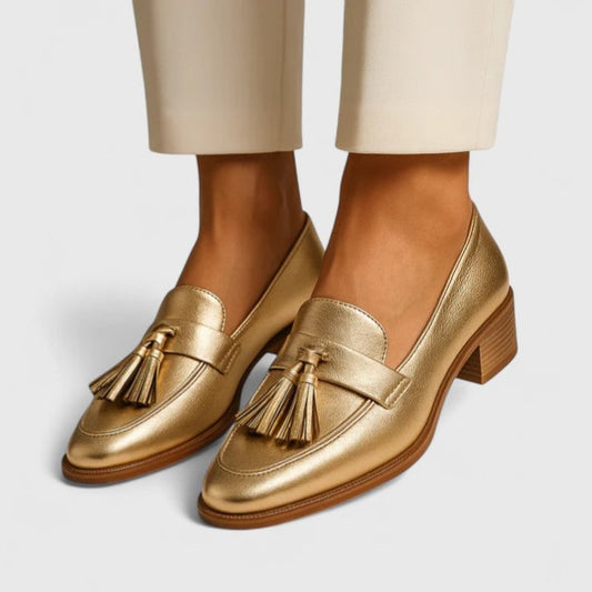 Elegante Comfort Loafers met Kwastjes en Lage Blokhak in Goud