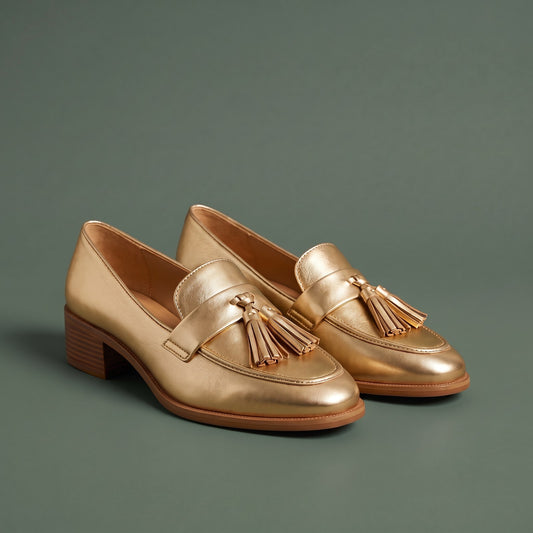 Elegante Comfort Loafers med Kvaster og Lav Blokhæl i Guld