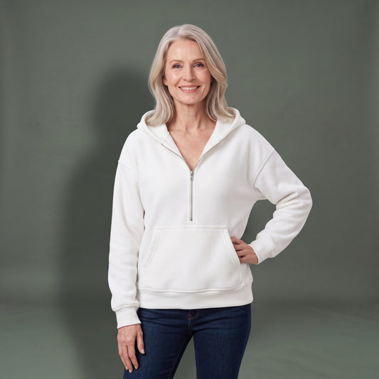 Fleece Trui Dames met Capuchon, Halve Rits en Kangoeroezak 1