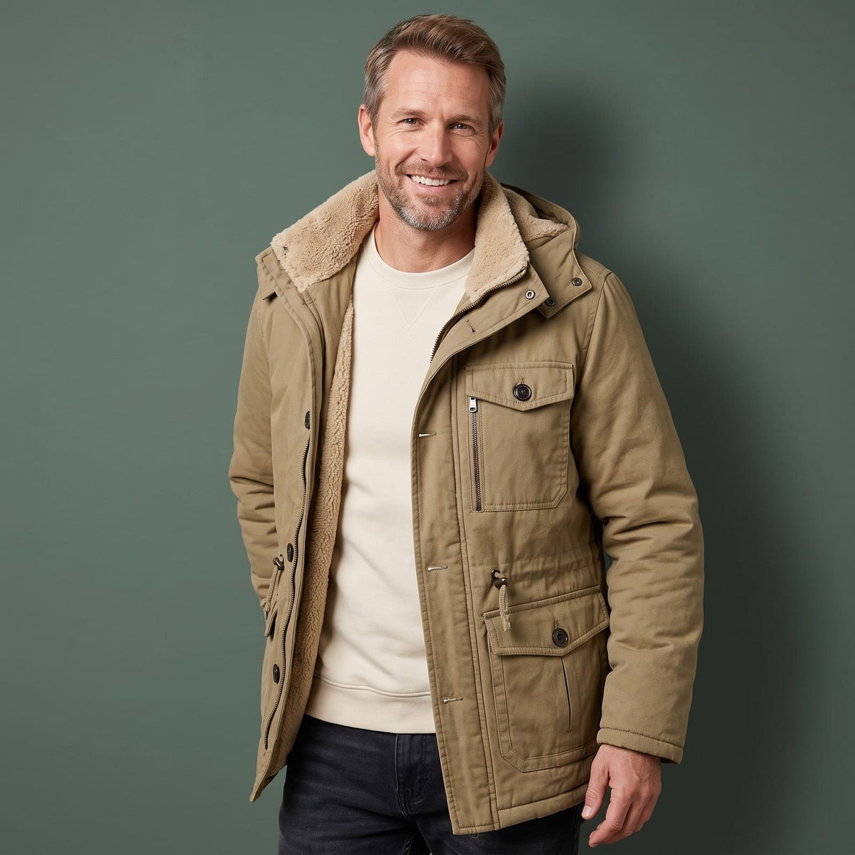 Fleecejakke Herre, Fleecejacket Parka med Hætte og Fleecefór 1