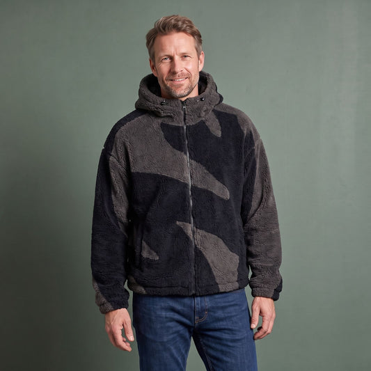 Fleecetrøje herre med lynlås og hætte i mønstret teddyfleece