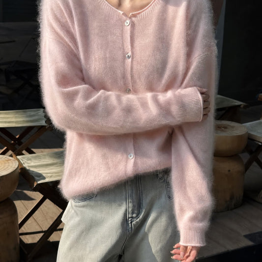 Fluffy Sweater, Cardigan Dames in Geborsteld Breisel met Ronde Hals en Knopen