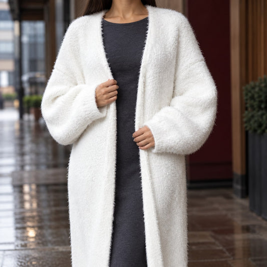 Fluffy Sweater, Lange Open Cardigan Dames in Zacht Breisel met Ballonmouwen