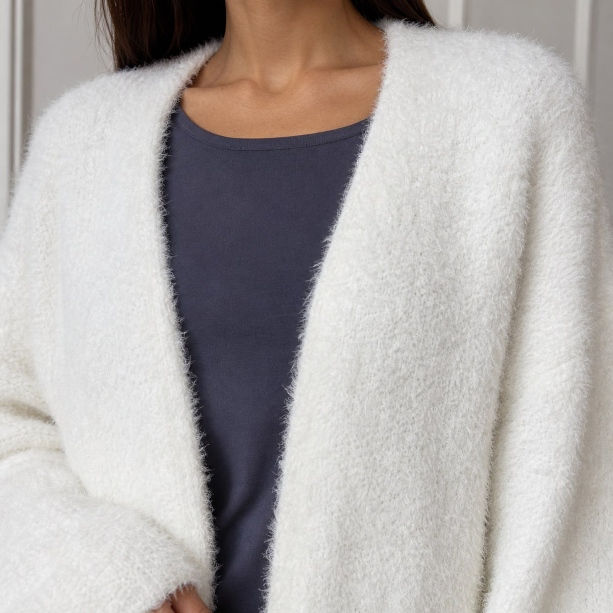 Fluffy Sweater, Lang Åben Cardigan Dame i Blød Strik 2
