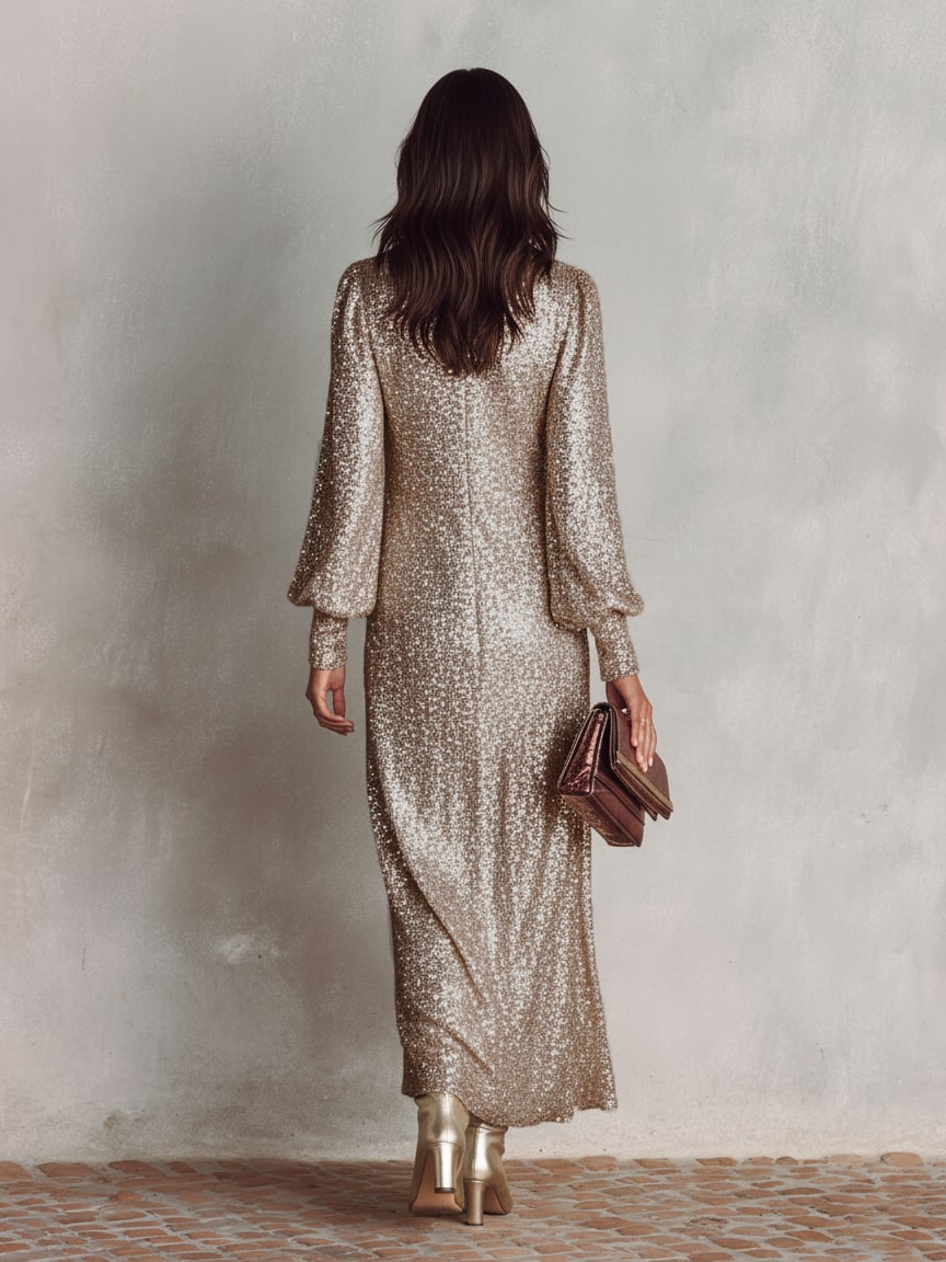 Glinsterende Maxi Feestjurk voor Dames met Lange Mouwen en V-Hals 6