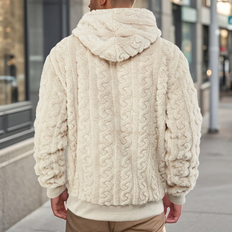 Hættetrøje Herre, Blød Teddyfleece med Kabelmønster 3