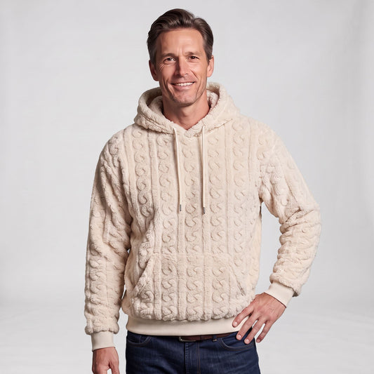 Hoodie Heren in Zachte Teddyfleece met Kabelpatroon, Koord en Kangoeroezak