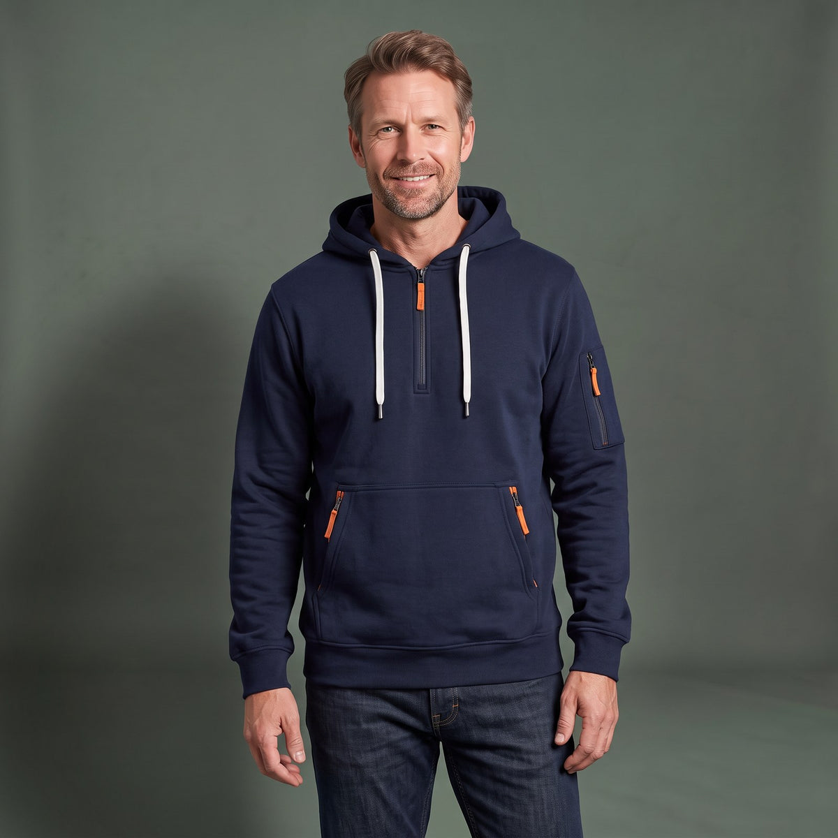 Hættetrøje Herre med Halv Lynlås og Lynlåslommer, Sporty Pullover med Justerbar Hætte