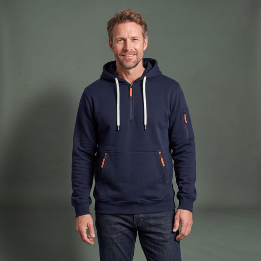 Hættetrøje Herre med Halv Lynlås og Lynlåslommer, Sporty Pullover med Justerbar Hætte