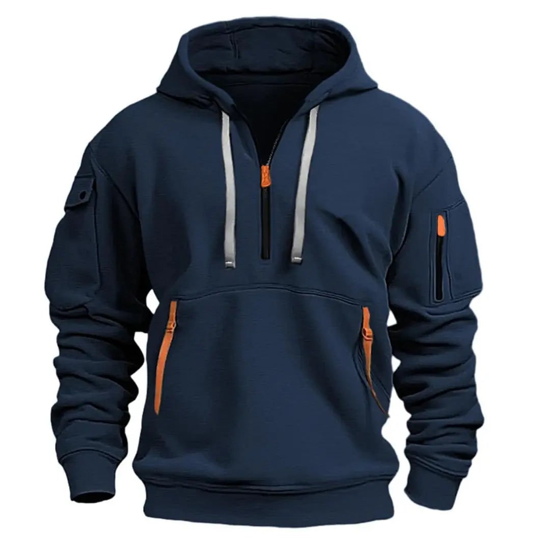 Hættetrøje Herre med Halv Lynlås, Sporty Pullover med Lommer 2