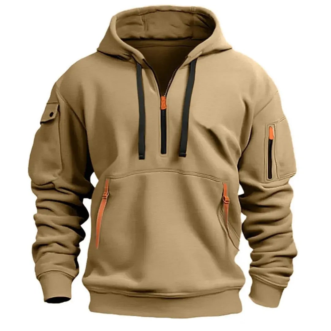 Hættetrøje Herre med Halv Lynlås, Sporty Pullover med Lommer 4