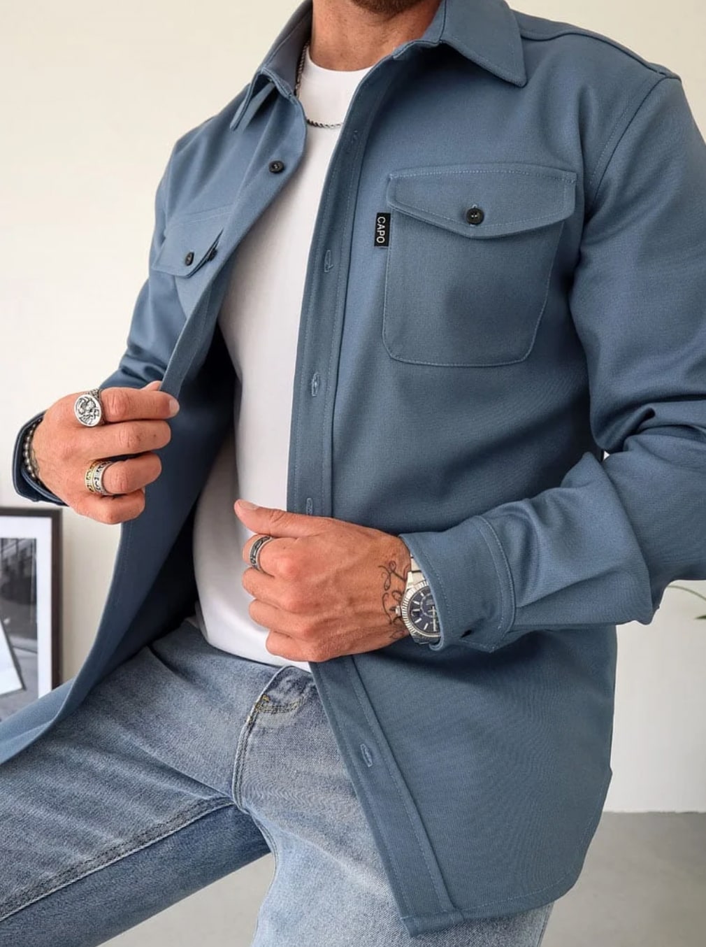 Heren Coat Overhemdjas met Knoopsluiting en Borstzakken 2