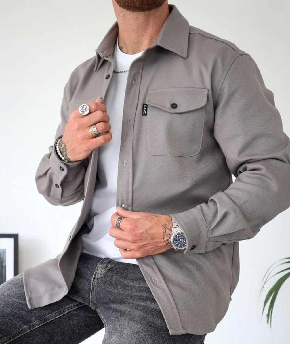 Heren Coat Overhemdjas met Knoopsluiting en Borstzakken 3