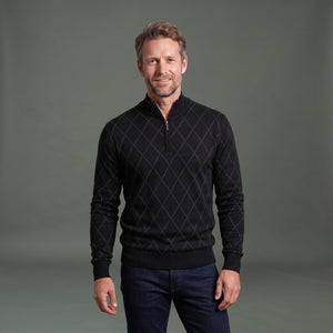Heren Quarter Zip Trui met Argyle Motief, Opstaande Kraag en Ribboorden