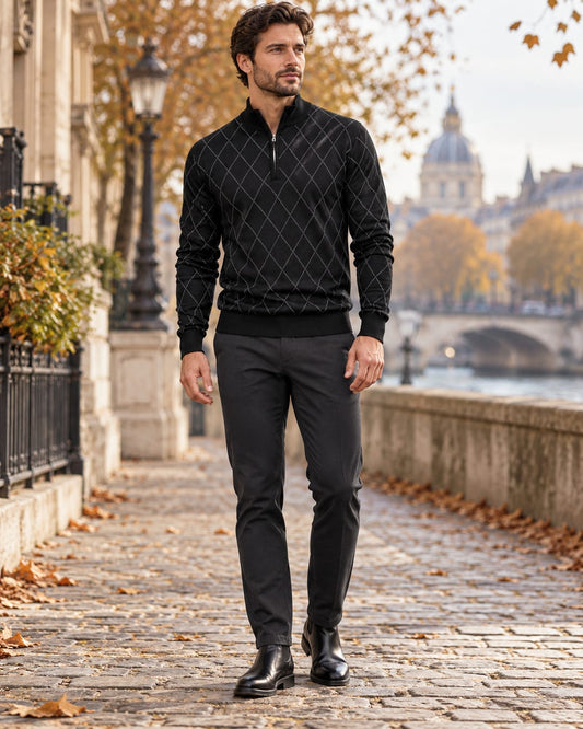 Heren Quarter Zip Trui met Argyle Motief, Opstaande Kraag en Ribboorden