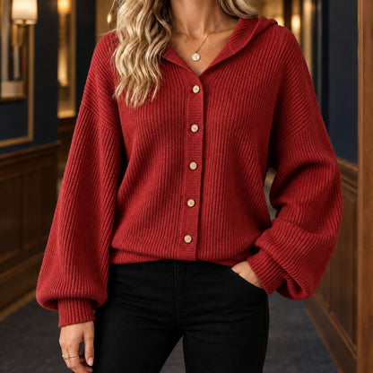 Hooded Cardigan, Sweater Dame med Hætte og Knapper 4