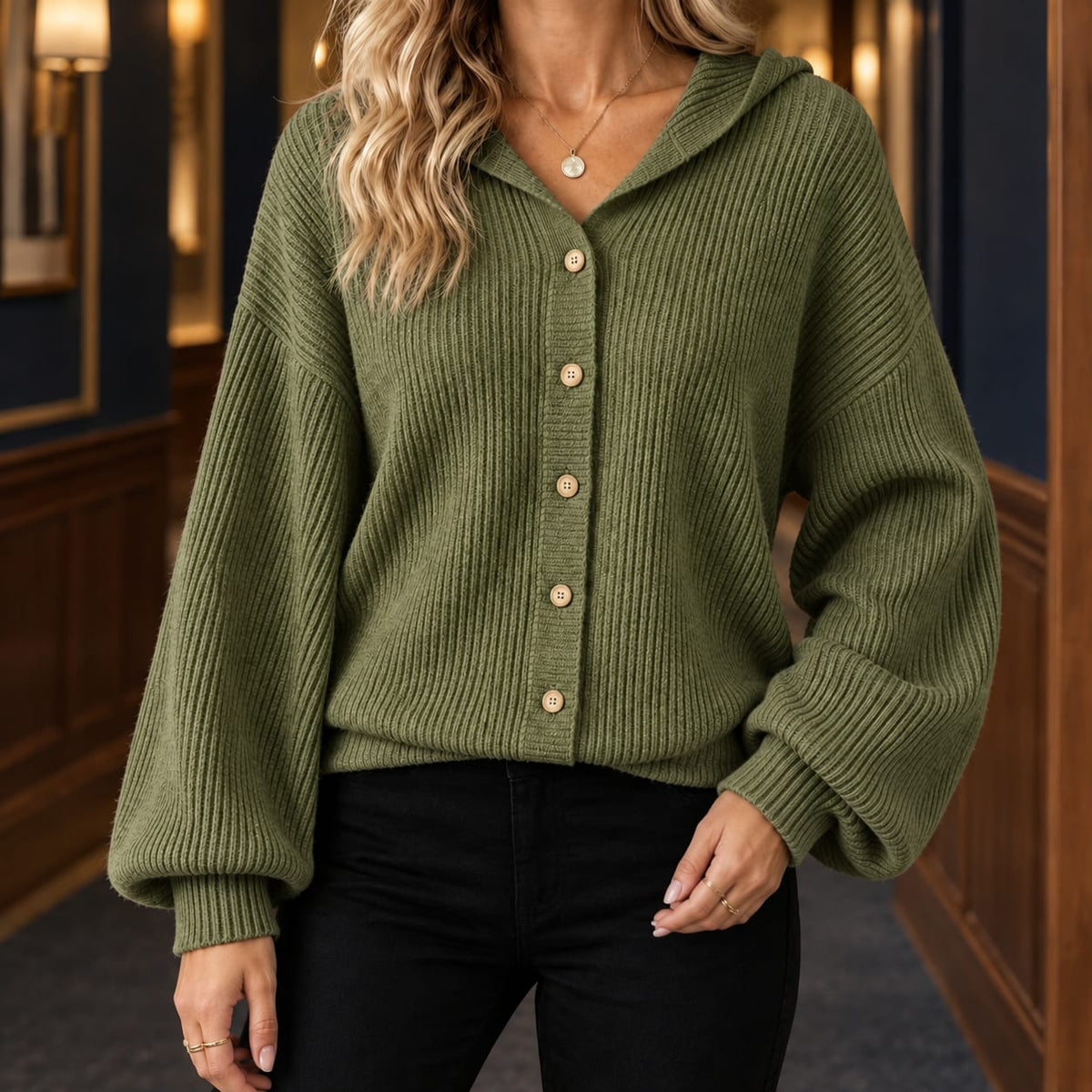 Hooded Cardigan, Sweater Dame med Hætte og Knapper 5