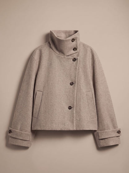 Korte Dames Mantel in Wollook met Opstaande Kraag en Knoopsluiting 3