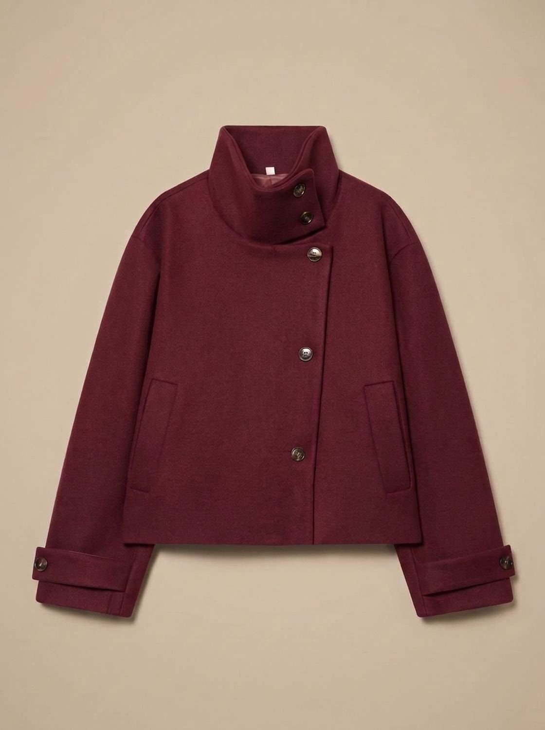 Korte Dames Mantel in Wollook met Opstaande Kraag en Knoopsluiting 4