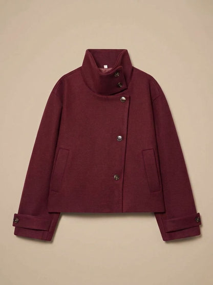 Korte Dames Mantel in Wollook met Opstaande Kraag en Knoopsluiting 4
