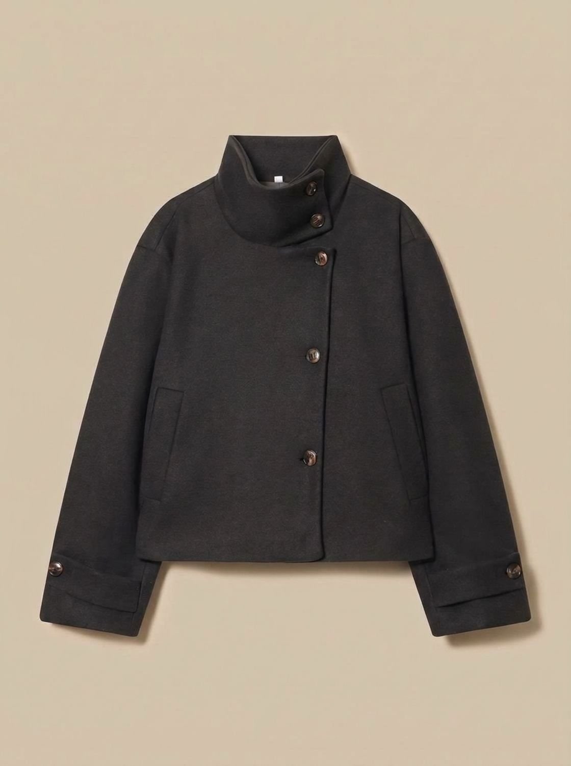 Korte Dames Mantel in Wollook met Opstaande Kraag en Knoopsluiting 5